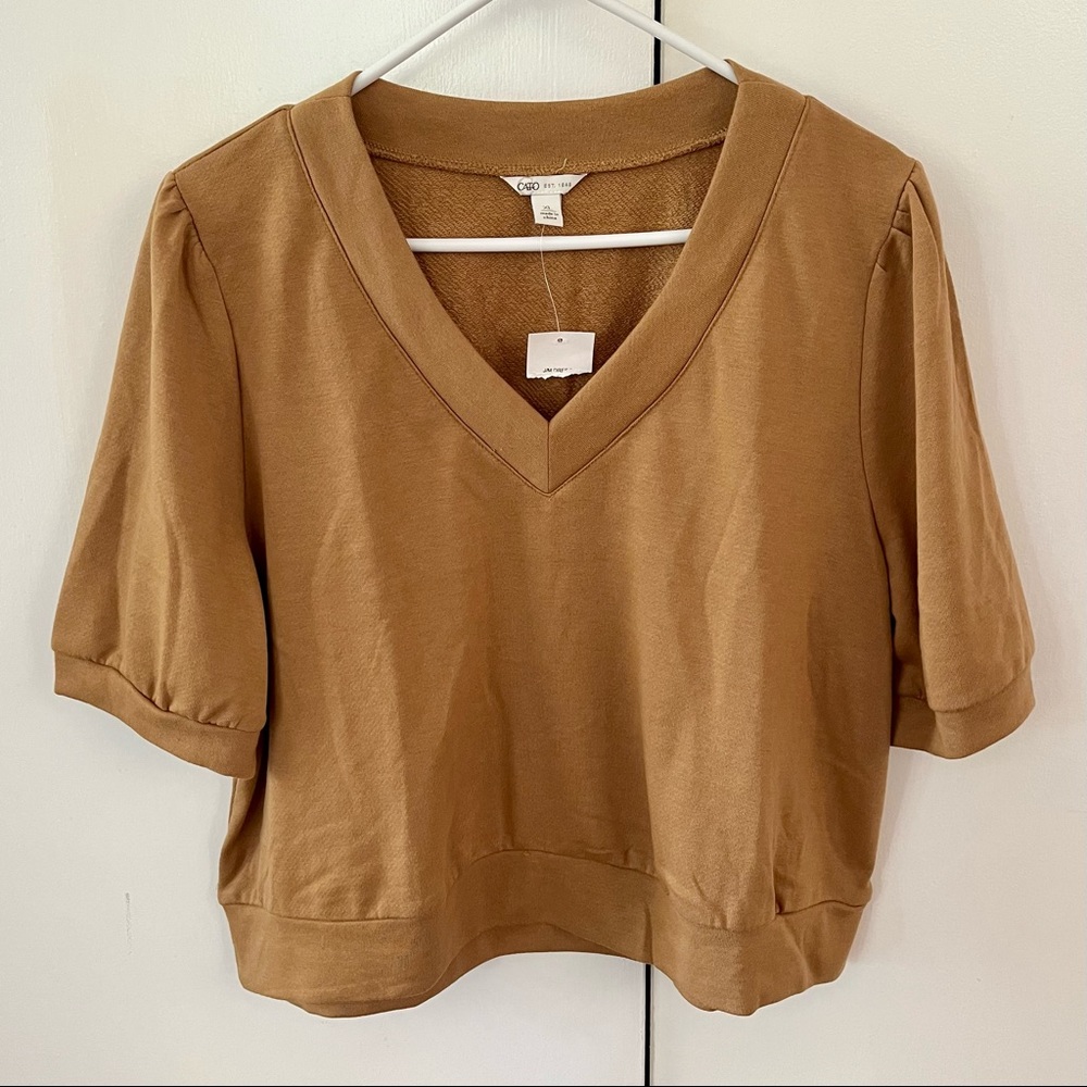 Cato Fashion Tan Short Sleeve V-Neck Cropped Sweater Top, Women's Size XL, NWT